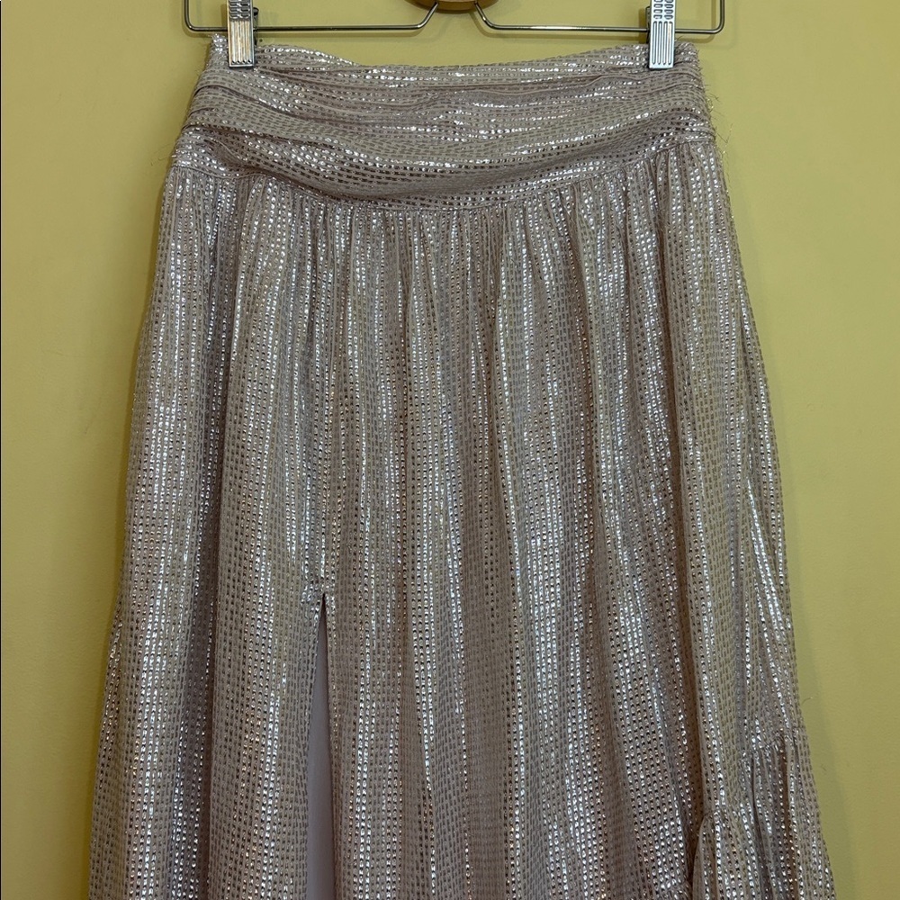 Ramy Brook | Luxe Jessie Pink Shimmer Metallic Split Front Ruffle Maxi Skirt 2 - Picture 5 of 17
